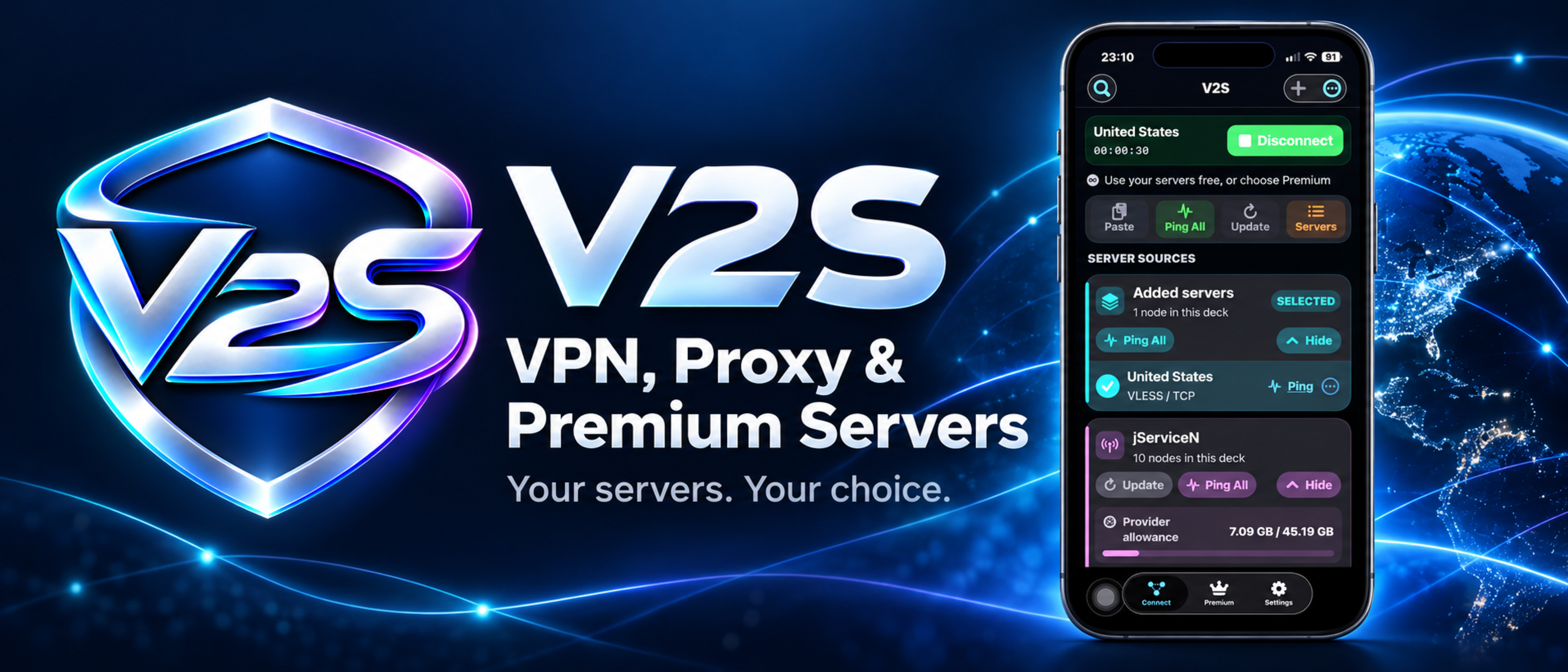 V2S VPN, Proxy and Premium Servers, with a preview of the iPhone app
