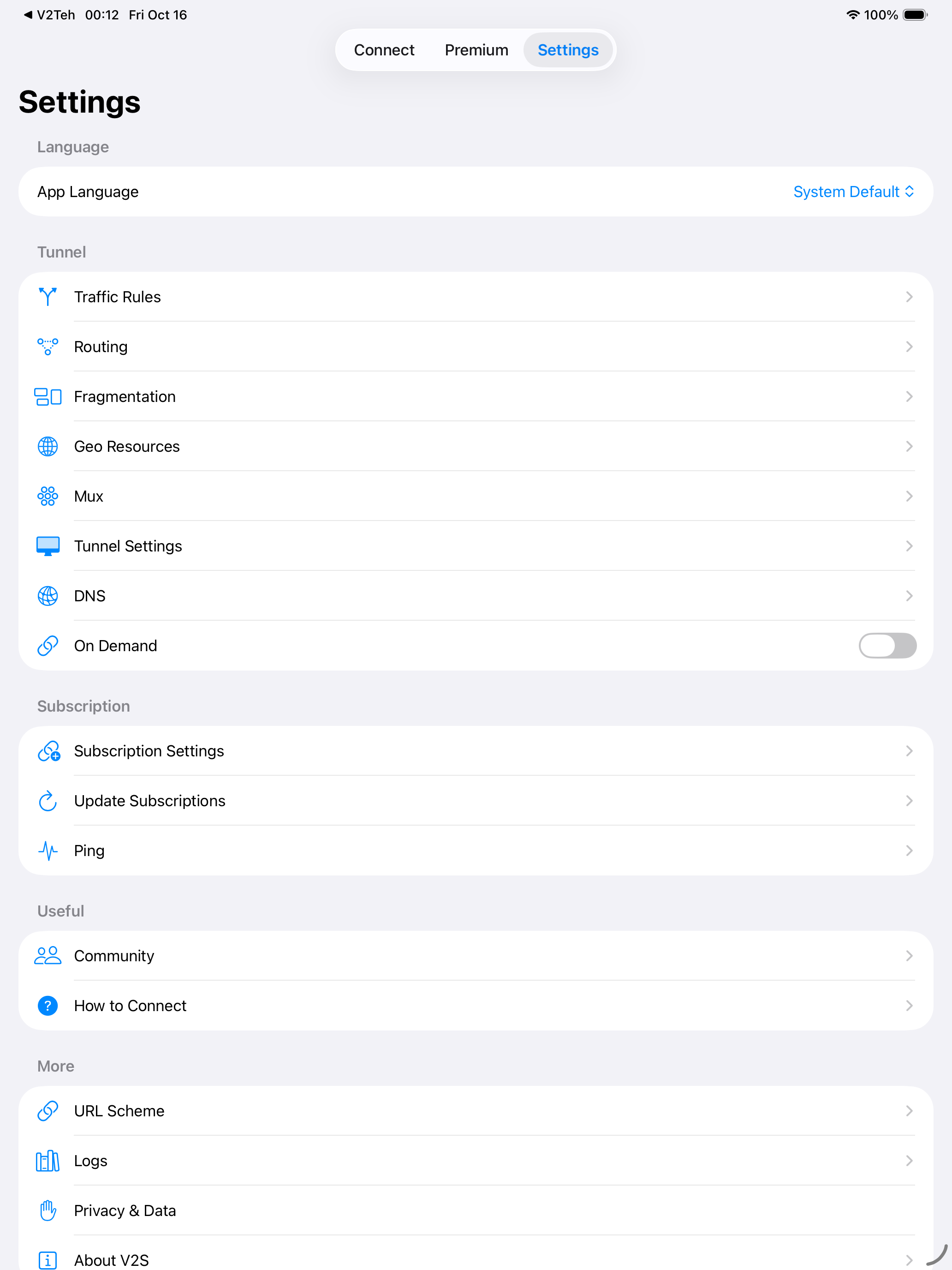 V2S iPad settings interface
