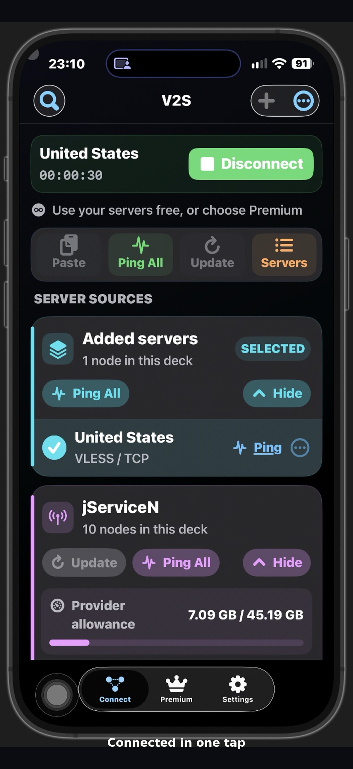 V2S iPhone connected screen with server controls