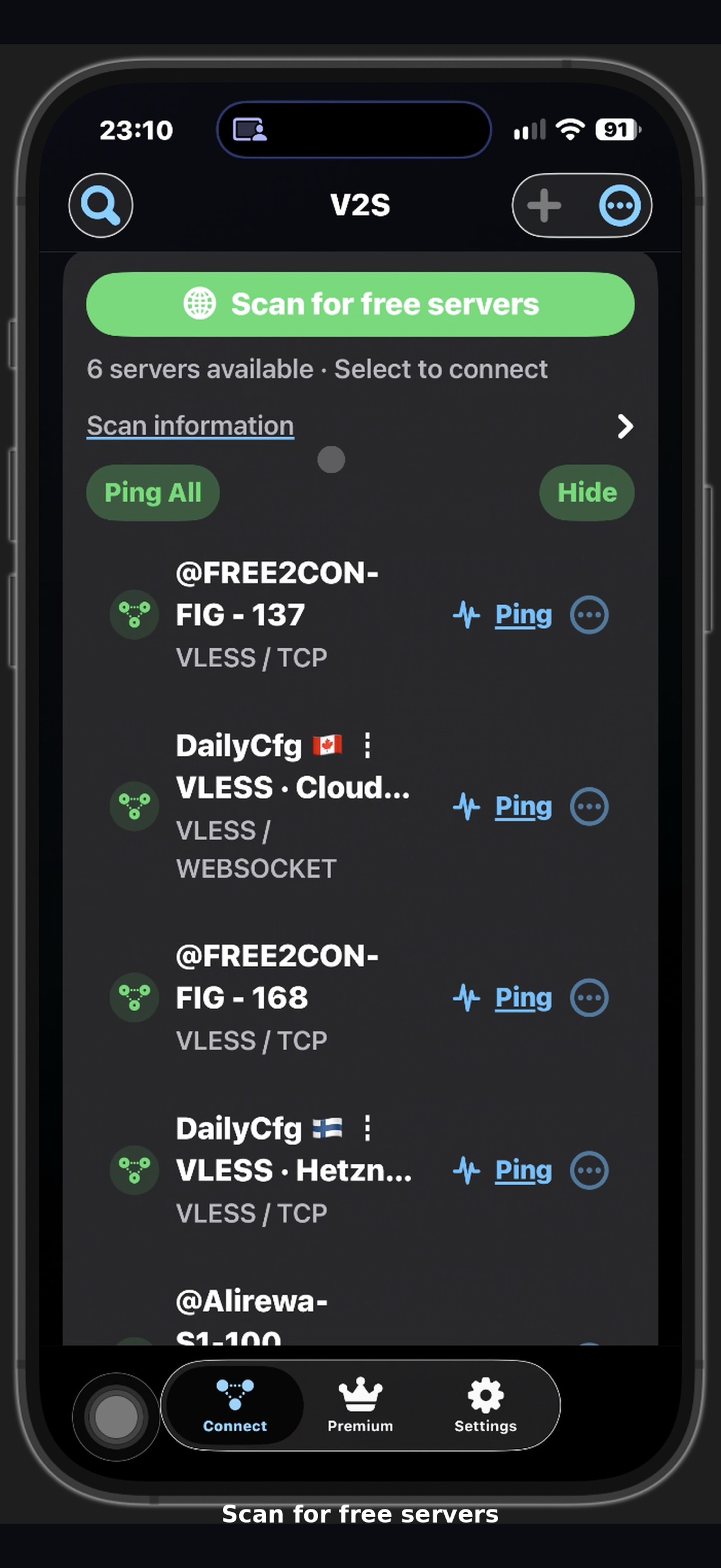 V2S iPhone free server scan results