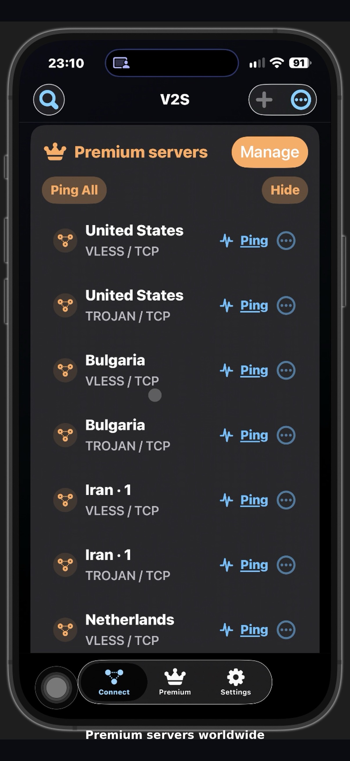 V2S iPhone Premium server list